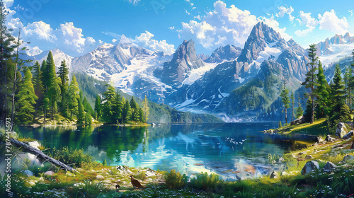 anoramic view of a majestic mountain range, with snow-capped peaks towering above a dense forest, while a crystal-clear lake reflects the surrounding landscape.