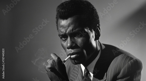 With a cigarette holder in hand and a perfectly coiffed hairstyle a black man exudes an air of classic cinema charm in this black and white portrait. His tailored suit and debonair . © Justlight