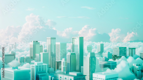 A stylized image of a city skyline emerging above fluffy clouds under a soft blue sky, giving a dreamlike cityscape view.