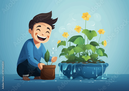 Serene Man Nurturing Brain-Shaped Plant with Smiling Face - Mental Wellbeing, Mindfulness, Positive Attitude Concept Vector Illustration