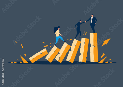Business colleagues demonstrate teamwork, responsibility, and courage to prevent crisis through collaborative effort in stopping domino effect - minimalistic vector illustration