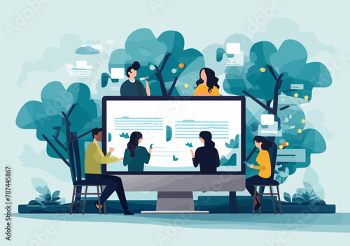 Online Team Meeting, Group Video Chat, Business People Discussing via Technology, Office Collaboration Concept, Computer Dialogue Illustration