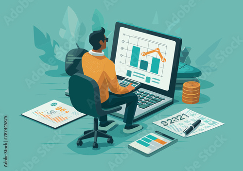 Businessman Calculating Revenue Growth with Calculator, Growing Income Chart - Finance, Tax, Accounting, Profit Calculation Concept Illustration