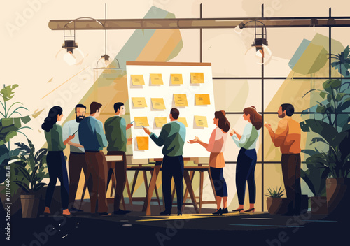 Diverse business people brainstorming ideas with whiteboard, sticky notes - Minimalist vector illustration of workshop, training course, Q&A session