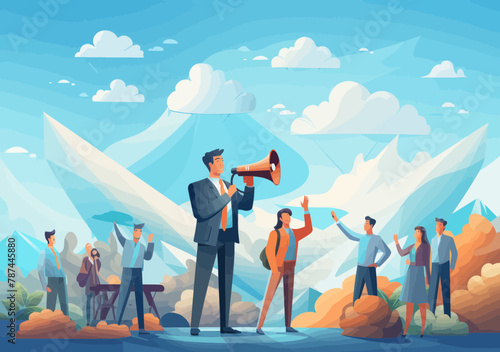 Business Community Announcement: Minimalist Vector of Marketing PR People Shouting Promotion Through Megaphones - Speech, Loud Voice Communication Concept