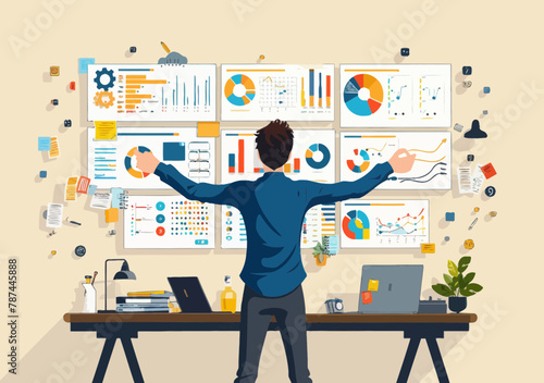 Entrepreneur project manager organizing resources on dashboards for strategic planning, task scheduling, and development workflow management