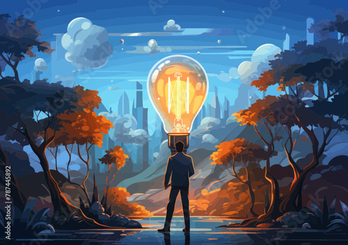 Curiosity Detective Man with Lightbulb Idea, Solving Problems through Discovery, Innovation and Creative Thinking | Minimalistic Illustration