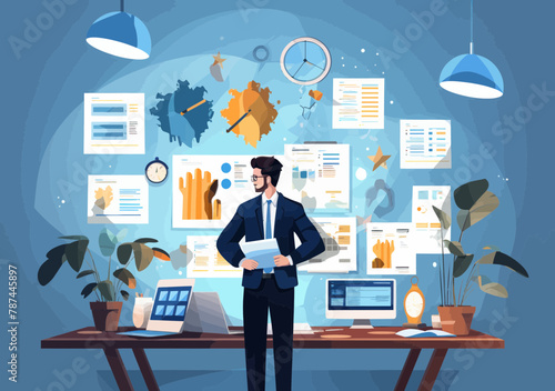 Businessman Project Manager Overseeing Multiple Project Dashboards, Task Scheduling, Resource Management for Development - Vector Illustration