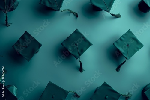 A pattern of dark green graduation caps on a blue background, symbolizing education and the beginning or end of an academic journey Generative AI