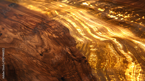 Reflective gold-leaf finish applied to a walnut wood surface. Luxury and elegance in material design concept for interior and print.