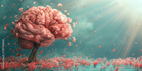 Human brain tree with flowers, self esteem, positive attitude, creative mind, mental health and hope, light of sun shinning through clouds 