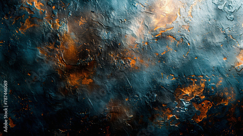 Abstract art background with texture, featuring dark tones with orange and gold accents resembling molten metal or a rocky surface.