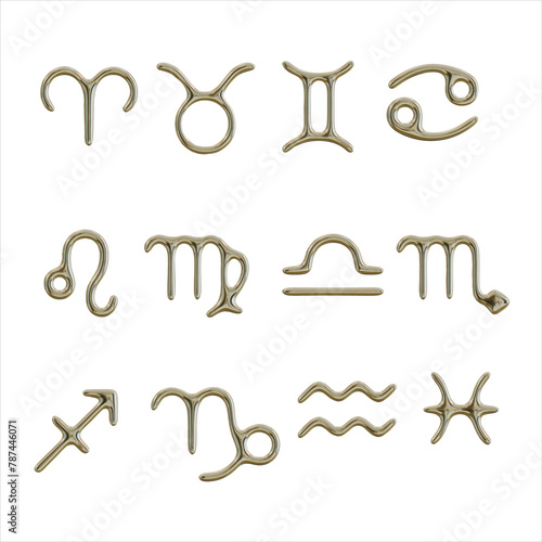 set of golden realistic symbols of all zodiac signs (Aries, Leo, Sagittarius, Taurus, Virgo, Capricorn, Gemini, Libra, Aquarius, Cancer, Scorpio, Pisces) on a transparent background