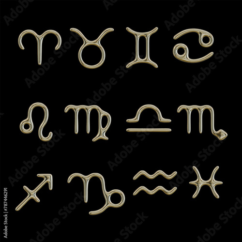 set of golden realistic symbols of all zodiac signs (Aries, Leo, Sagittarius, Taurus, Virgo, Capricorn, Gemini, Libra, Aquarius, Cancer, Scorpio, Pisces) on a black background