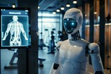 Futuristic robot trainer in a gym assisting with digital anatomy education