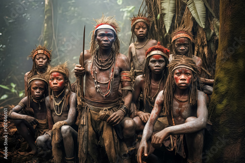 A group of women with painted faces and colorful clothing.