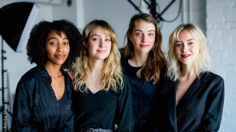 Fototapeta premium Four women with varying hairstyles smiling for a photo in a studio with a photography umbrella in the background.