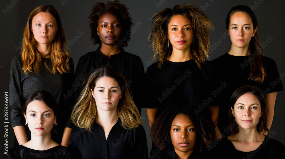 Eight women standing in two rows, four in each, wearing black and posing against a dark background with neutral expressions. Eight women standing in two rows, four in each, wearing black and posing against a dark background with neutral expressions.