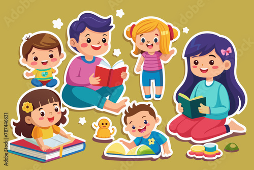 ntroducing our vector sticker series capturing playful interactions between parents and children in charming scenes like reading bedtime stories, playing games