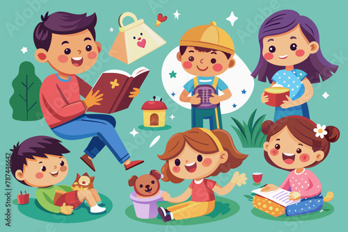 ntroducing our vector sticker series capturing playful interactions between parents and children in charming scenes like reading bedtime stories, playing games