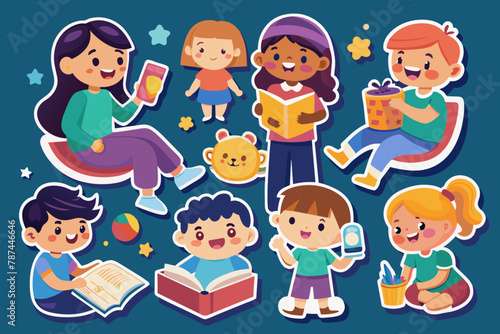 ntroducing our vector sticker series capturing playful interactions between parents and children in charming scenes like reading bedtime stories, playing games