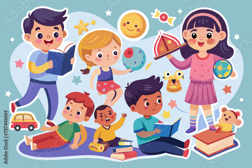 ntroducing our vector sticker series capturing playful interactions between parents and children in charming scenes like reading bedtime stories, playing games