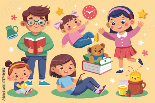 ntroducing our vector sticker series capturing playful interactions between parents and children in charming scenes like reading bedtime stories, playing games