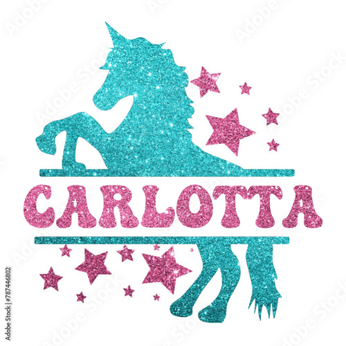 Carlotta - pink glitter - name written in a frame with light blue glitter Unicorn and stars - vector graphic - for cards, baby shower, prints, cricut, silhouette, sublimation