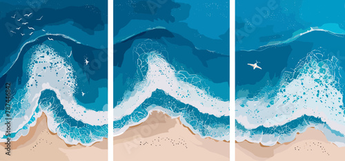 Hand drawn vector illustrations of aerial view of ocean waves reaching the coastline, beach, sand, sea shore with blue waves, top view overhead seaside. isolated cards. Travel concept.