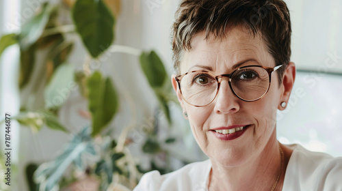 Portrait of an older average fit woman with short hair smiling at the camera wearing glasses photo