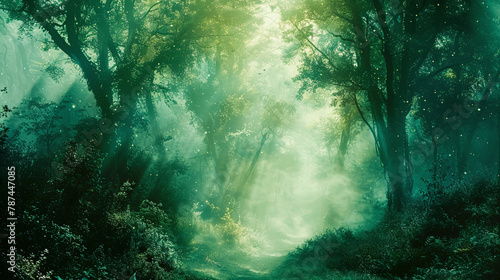 Enchanted misty forest with sunbeams filtering through trees, creating a mystical atmosphere on a serene, shadowy woodland path.