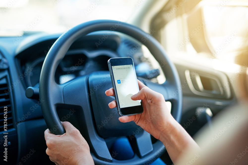 Phone screen, search and hands of woman in car with location, guide or travel, help and map. Smartphone, display and driver with internet, navigation and streaming app for traffic, route or direction Phone screen, search and hands of woman in car with location, guide or travel, help and map. Smartphone, display and driver with internet, navigation and streaming app for traffic, route or direction