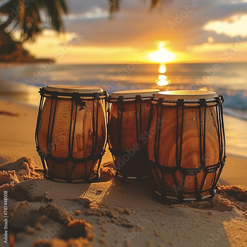 The 3D bongo drums nestled on a sandy beach at sunset is formed by bongos wood color and sunset vibrant light. In the background in black color. Stylish in the style of light painting. photo