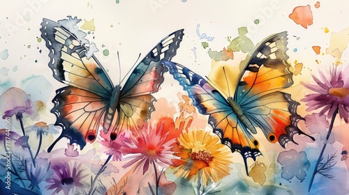 Delicate Watercolor Butterflies Fluttering Amidst Blooming Garden Flowers in Vibrant Colors © Sittichok