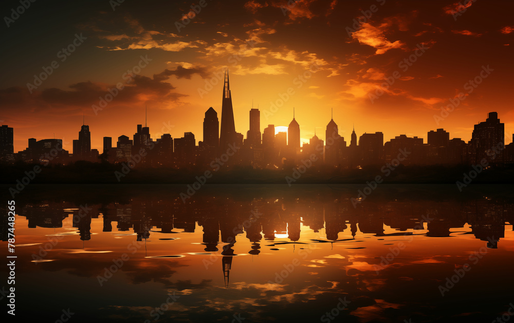 Obraz premium Sun setting over beef city skyline. Generative AI