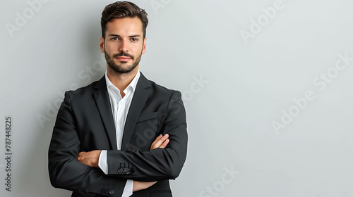 Confident and successful young businessman in a suit standing with arms crossed.