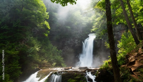 A cascading waterfall hidden deep in a lush forest with mist hiding the gorge and trees surrounding it's banks; peaceful environment, summer, magical scene