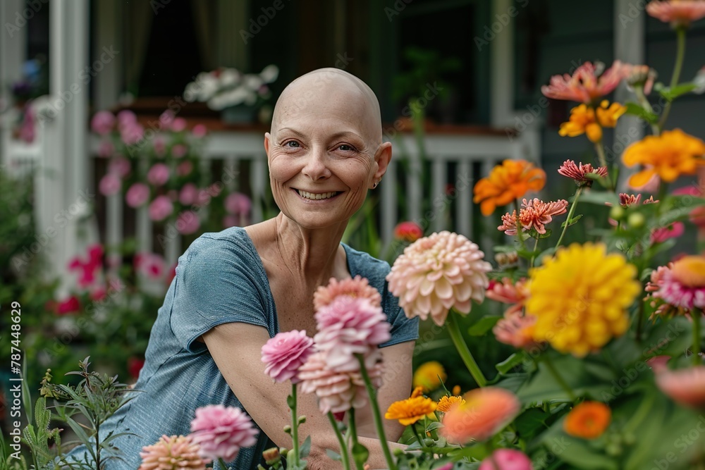 Bald woman smiling among vibrant flowers, a portrait of grace and resilience, self acceptance 