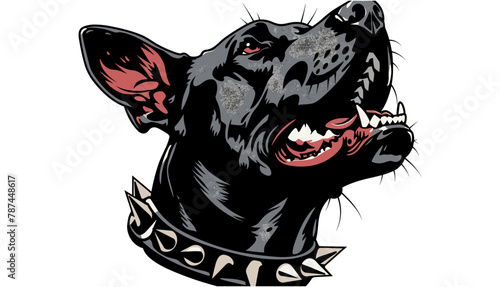 Hand drawn modern isolated Vector illustration of Black dog's head Portrait of a Doberman dog barking with spiked collar. Tattoo idea, t-shirt print, dog training logo template, aggressive, canine