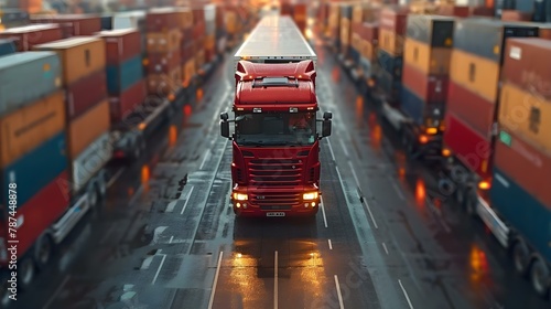 Logistics Network Hub: Freight Truck Amidst Cargo Containers. Concept Freight Transport, Logistic Centers, Container Shipping, Transportation Vehicles, Warehouse Operations