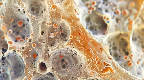 A microscopic view of damaged epithelial cells showing their irregular shape and disrupted arrangement due to injury or inflammation. photo