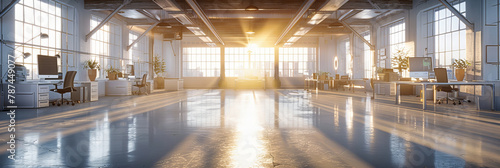 Modern Industrial Interior, Spacious and Clean Warehouse with Sunlight Streaming Through Windows