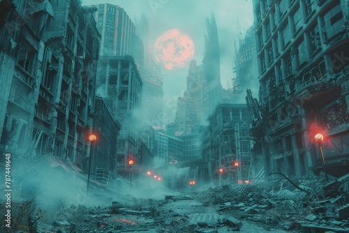 A midjourney through a dystopian future city consumed by darkness, with Black and Cherry Tomato hues symbolizing despair and life among ruins. photo
