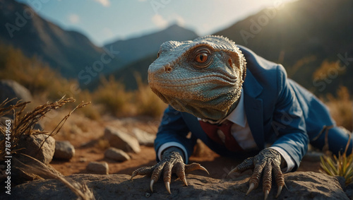 Lizard saurian human chimera with buisiness clothing in desert hilly landscape photo
