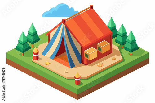 Presenting a simple isometric cartoon illustration of a tourist tent against a white background. Perfect for games and outdoor-themed designs