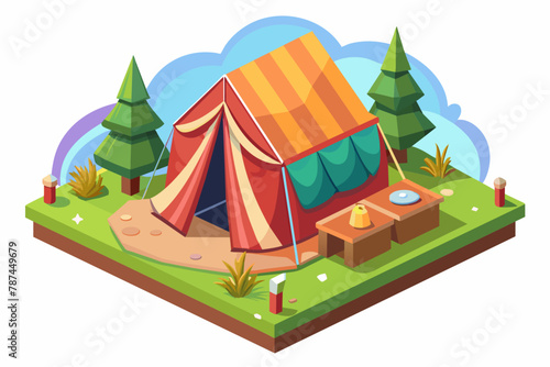 Presenting a simple isometric cartoon illustration of a tourist tent against a white background. Perfect for games and outdoor-themed designs