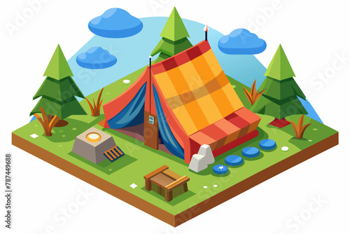 Presenting a simple isometric cartoon illustration of a tourist tent against a white background. Perfect for games and outdoor-themed designs