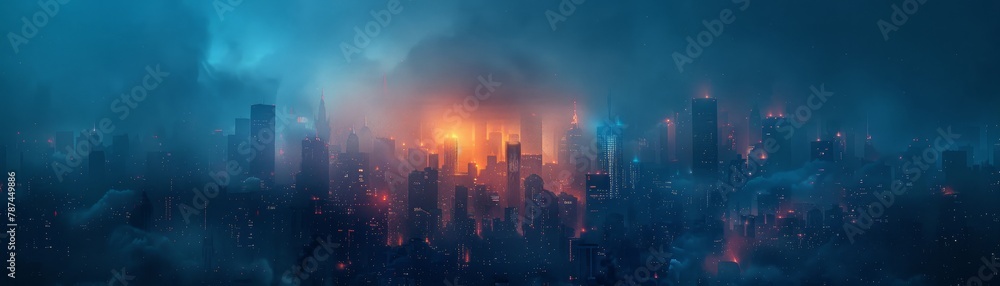 In a dystopian city shrouded in darkness, flashes of orange-red and yellow-orange light pierce through, offering a glimmer of hope amidst despair. - obrazy, fototapety, plakaty 