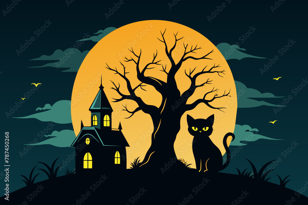 Create a minimalist Halloween t-shirt design with a simple black cat silhouette, spooky halloween tree silhouette, spooky ancient ghost house silhouette  against a full moon background