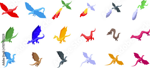 Flying fantasy dragon icons set isometric vector. Animal wings. Magic reptile